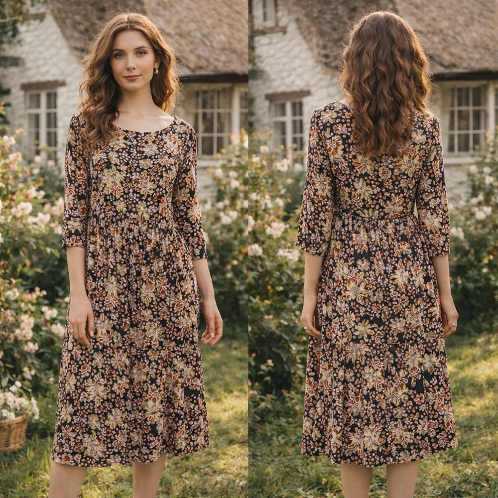 J JILL Jersey Dress Womens Large Brown Cream Floral Boho Prairie